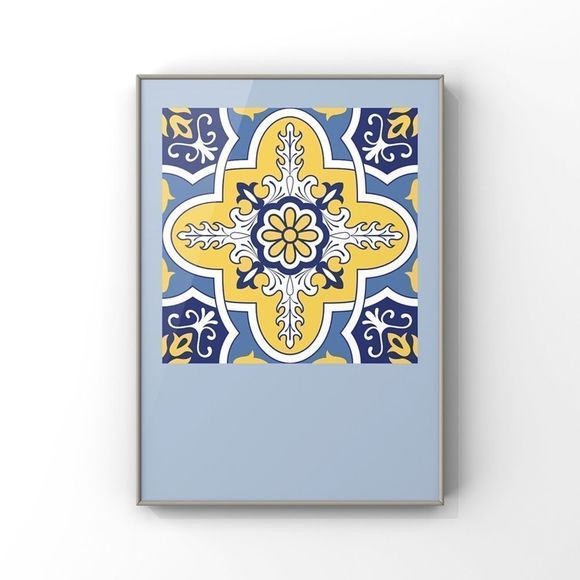 Moroccan Tribal Trendy Tile Blue yellow Poster Wall Art set of four Art Print - Picture 5 of 12